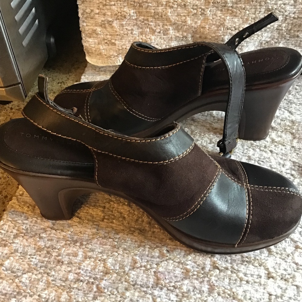 Brown leather and suede patchwork clog